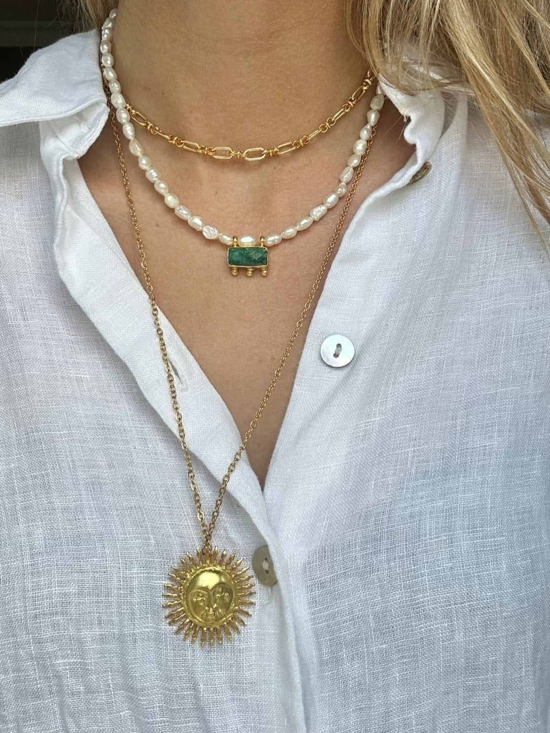 Amelia Pearl and Emerald Necklace